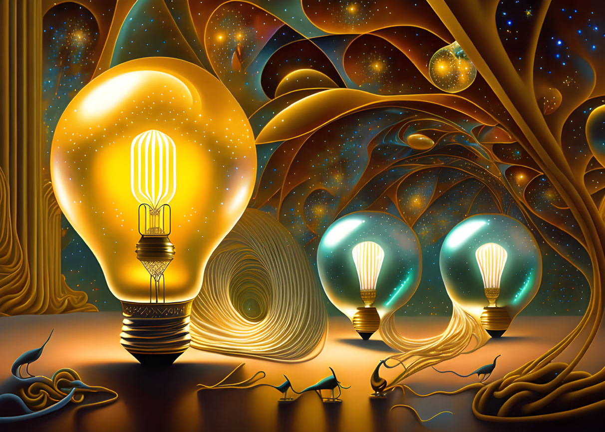 Surreal glowing light bulbs on cosmic landscape