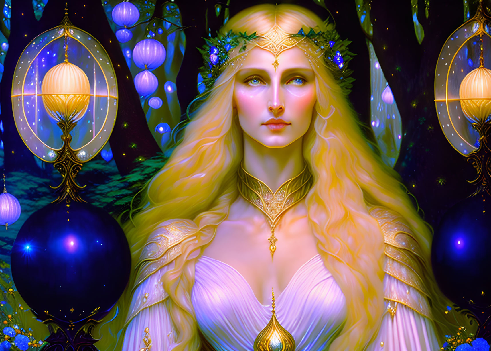 Blonde woman with leafy crown in mystical forest scene