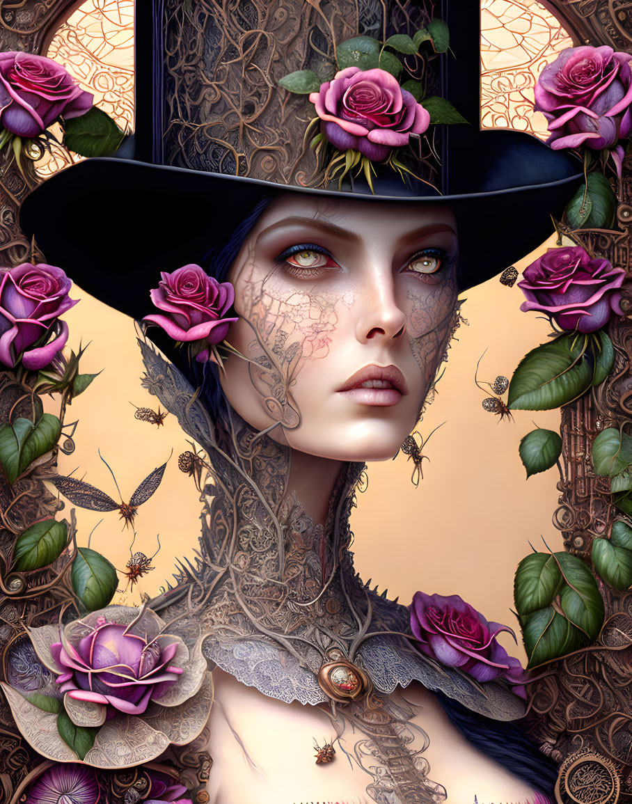 Stylized portrait of female figure with top hat and vintage aesthetic