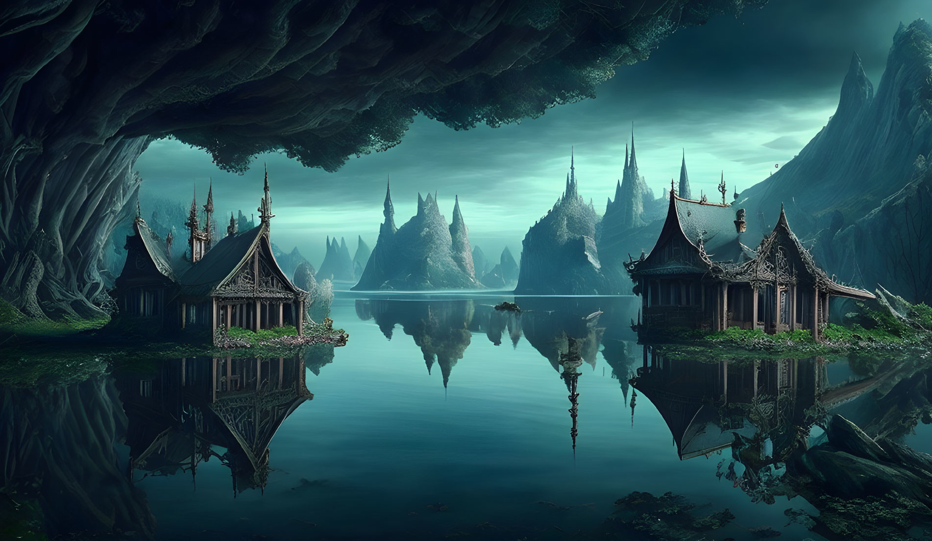 Tranquil fantasy landscape: temples, lake, mountains, greenery