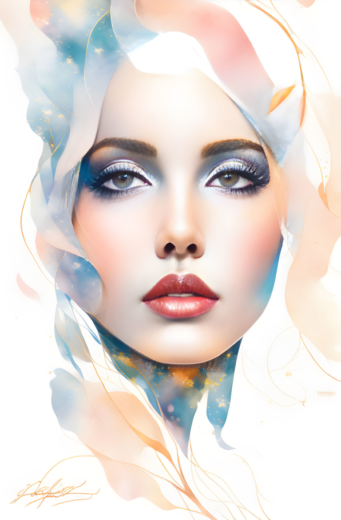 Abstract digital portrait of a woman with flowing warm tones and bold makeup