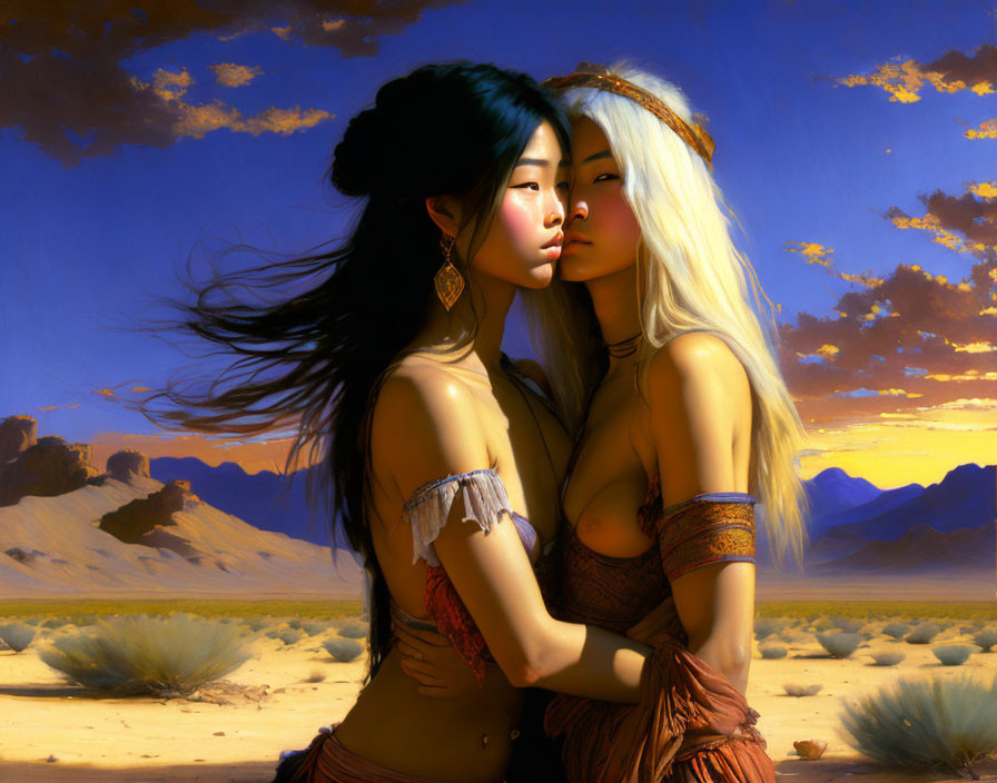 Women embracing in desert at sunset with mountains and dramatic sky