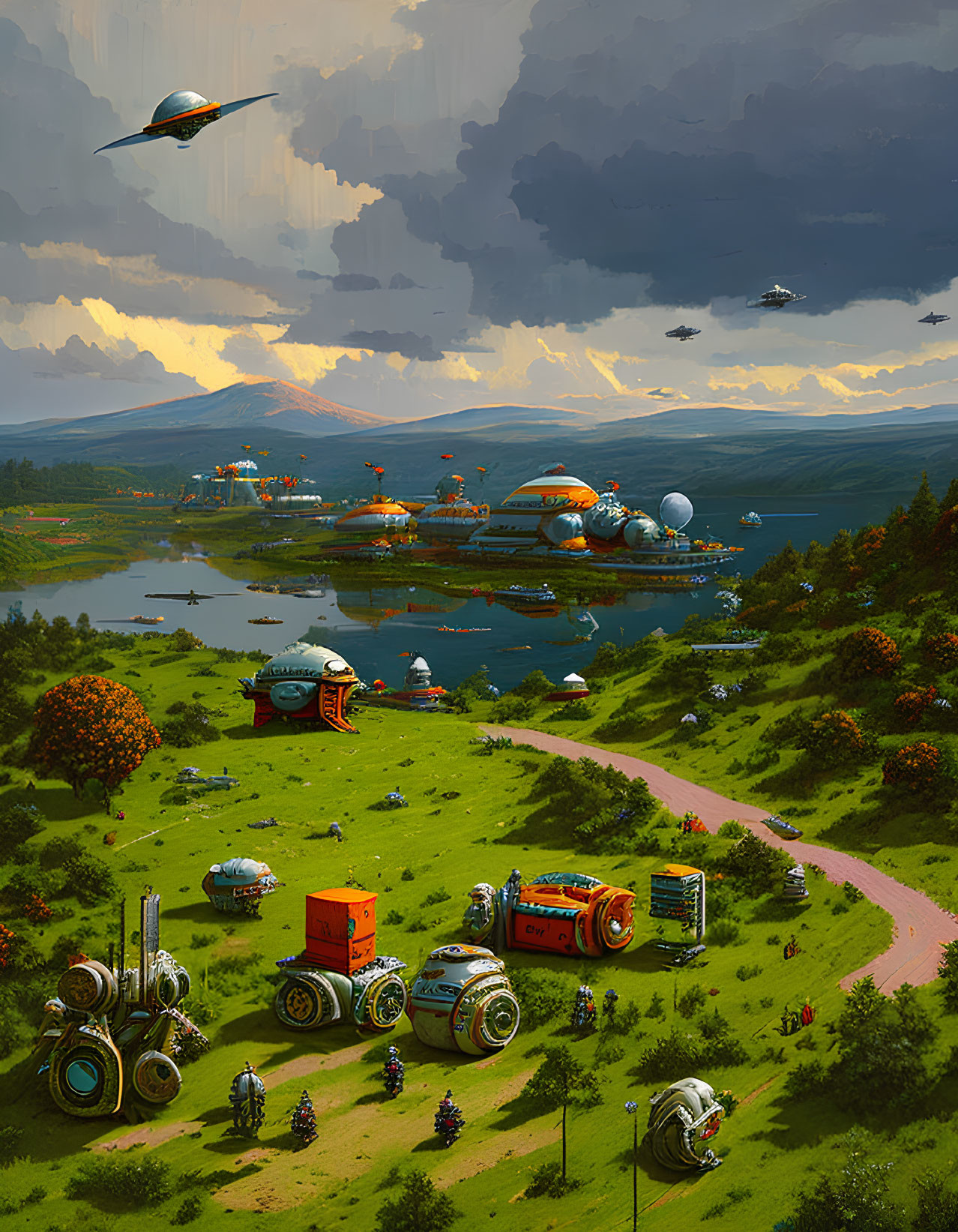 Futuristic landscape with greenery, water bodies, floating cities, and advanced vehicles