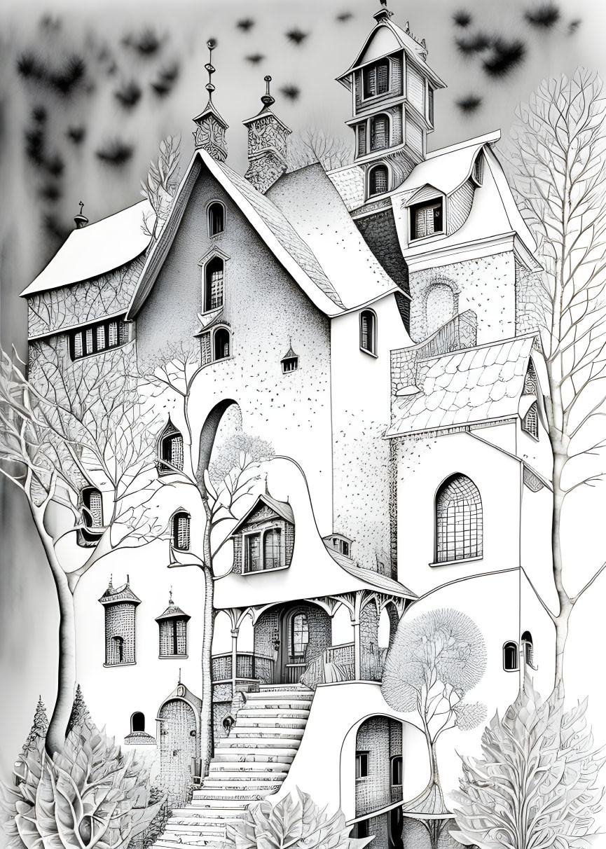 Detailed monochrome illustration of multi-story house with trees, birds, and textures