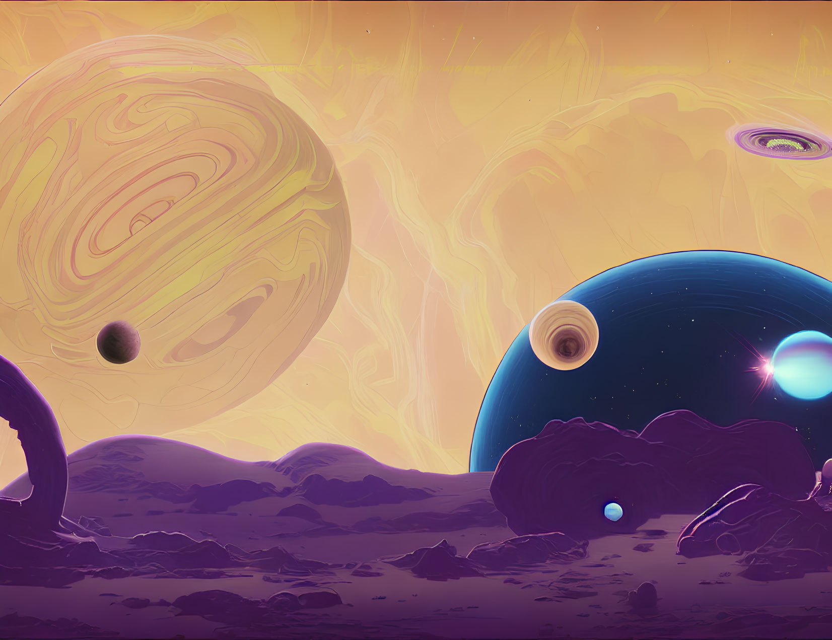 Colorful Sci-Fi Landscape with Ringed and Blue Planets, Alien Terrain, and Yellow Sky