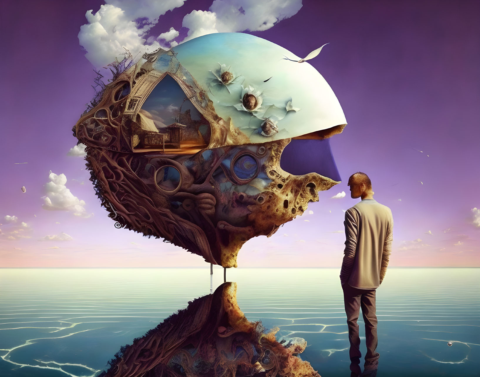 Man standing before surreal floating island with skull ship whale elements.