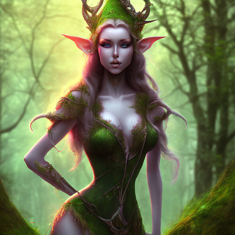 Pointed ears elf woman in nature-inspired attire in ethereal forest