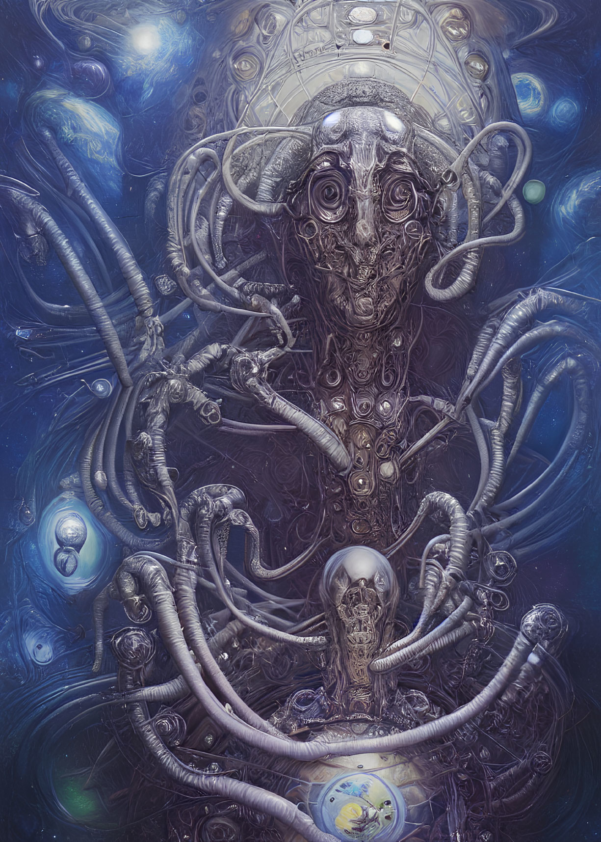 Sci-fi illustration of mechanical entity with tentacle-like appendages