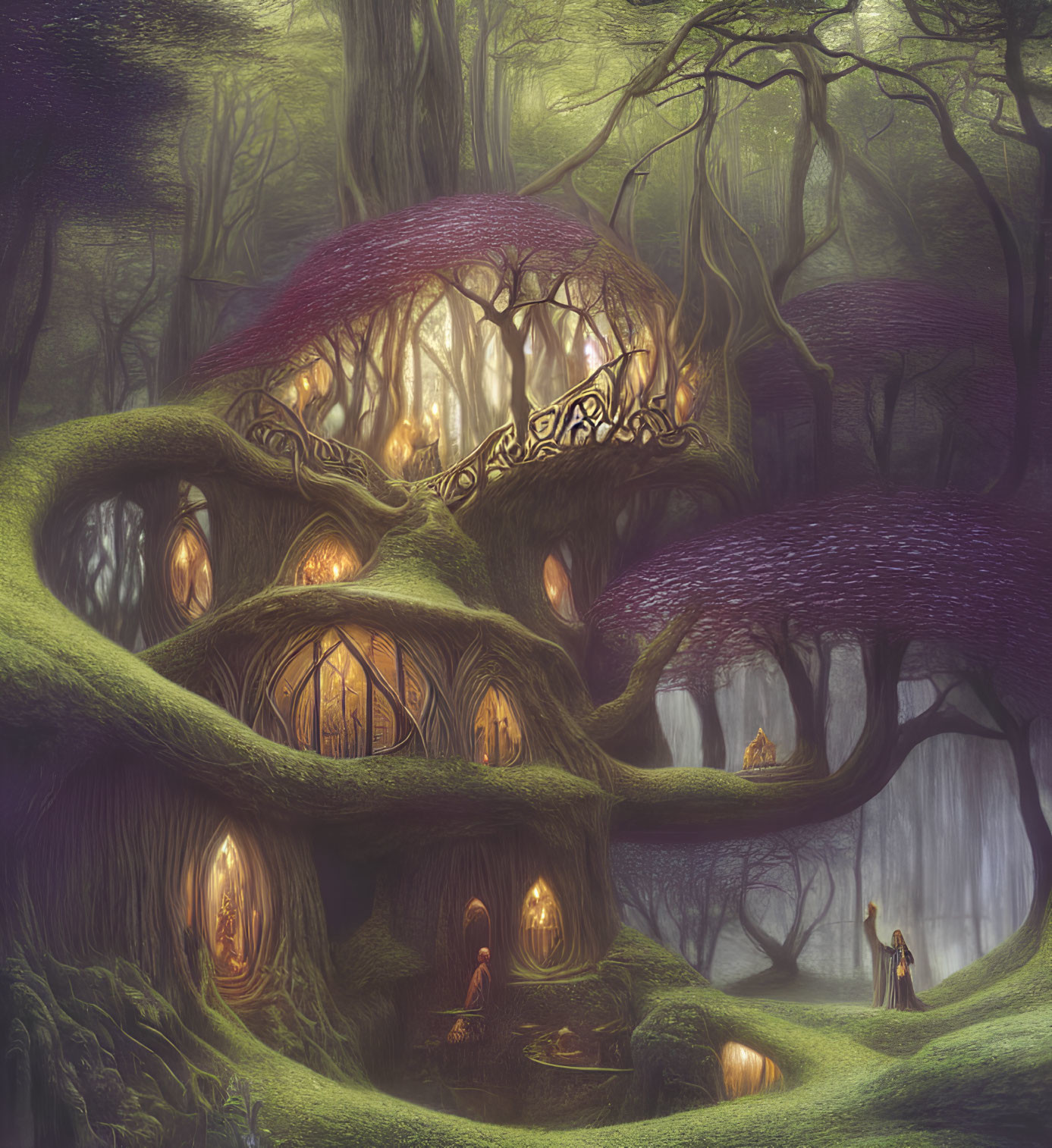 Magical forest scene with glowing treehouses and twisted roots