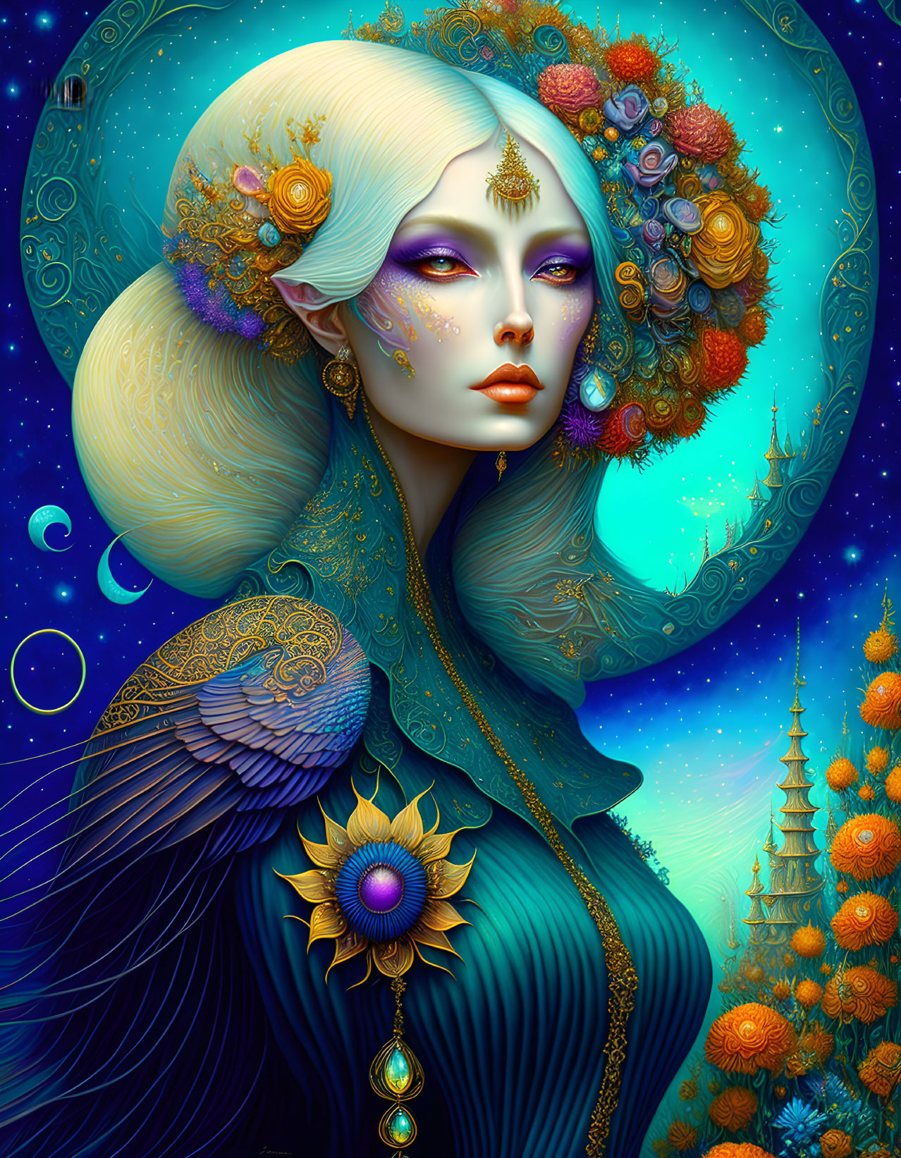 Mystical female figure in blue and gold attire with celestial backdrop