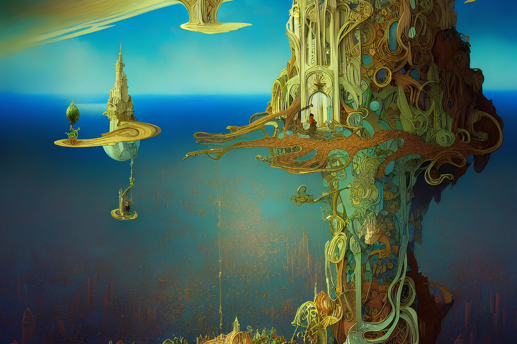 Fantastical landscape with towering organic structure and floating islands