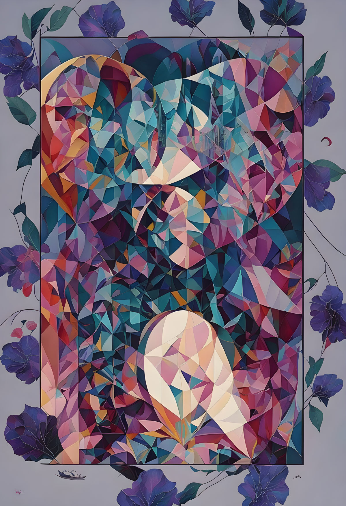 Vibrant geometric painting in blues, purples, and pinks with crystalline shapes and