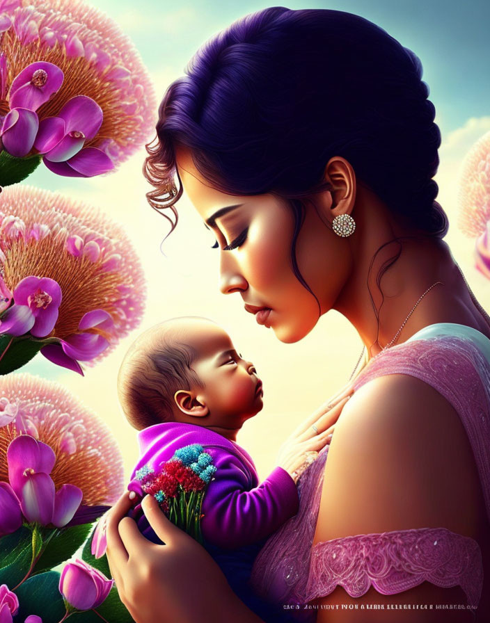 Illustration: Woman in lilac dress holding sleeping baby among pink flowers