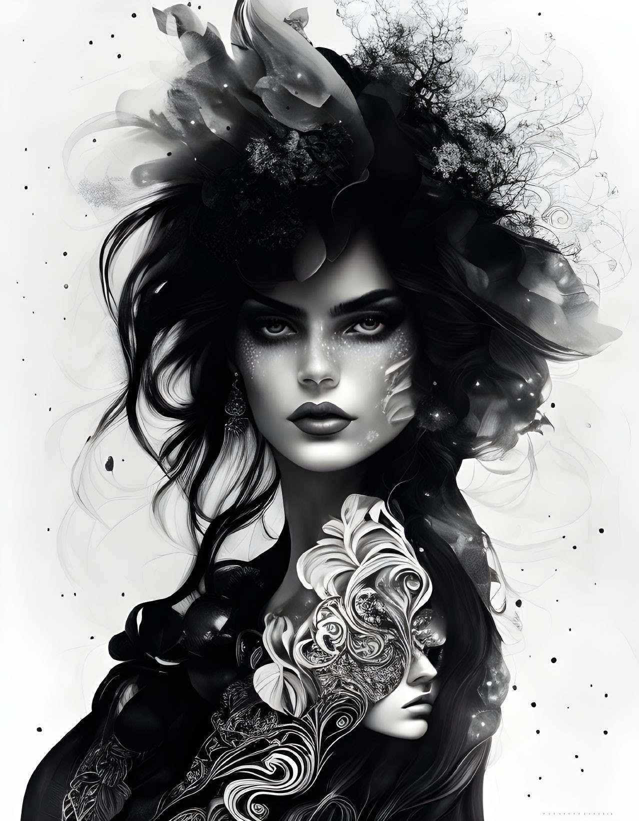 Sophisticated woman with floral headwear, tattoos, and ornate mask in monochromatic artwork