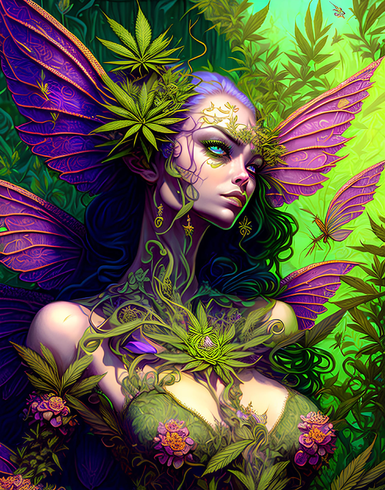 Colorful fairy with cannabis-themed wings and attire in vibrant flora setting