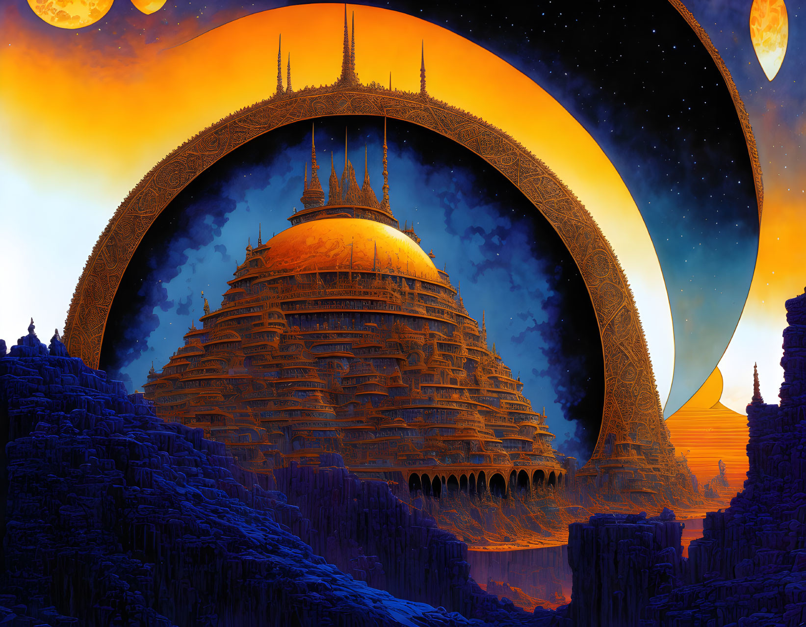 Futuristic cityscape with domed structures and spires under ringed planet and moon in orange