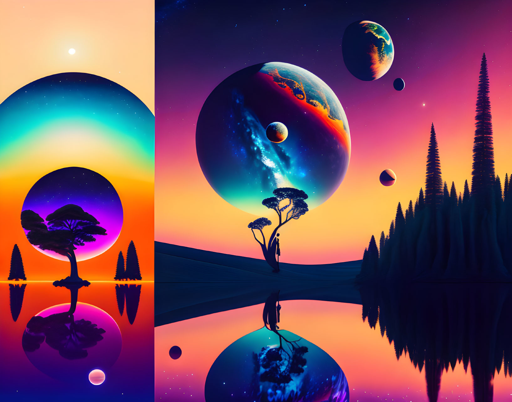 Surreal triptych digital artwork: mirrored trees, planets, gradient sky.