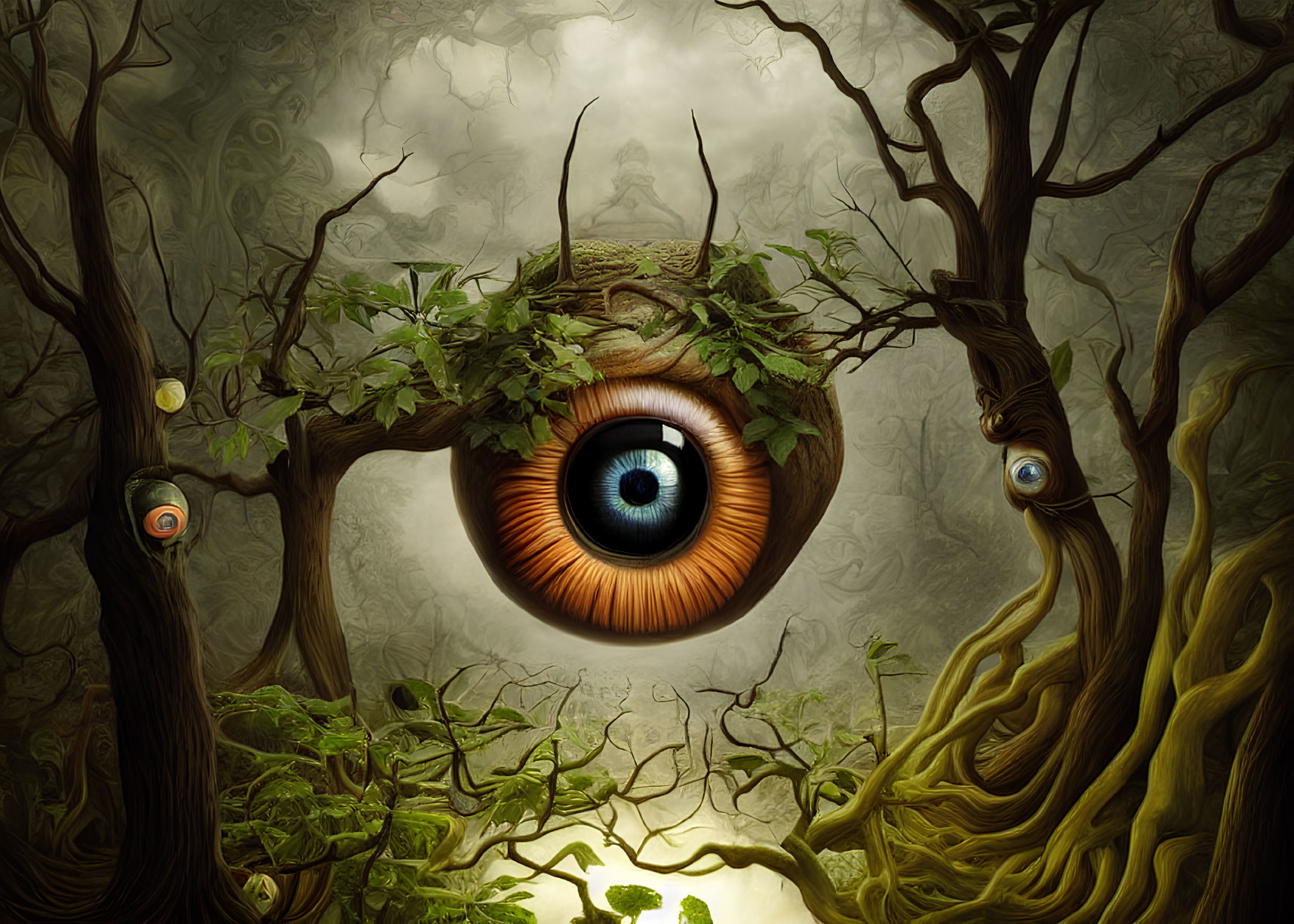 Surreal forest scene with hyper-realistic eye and smaller eyes in trees