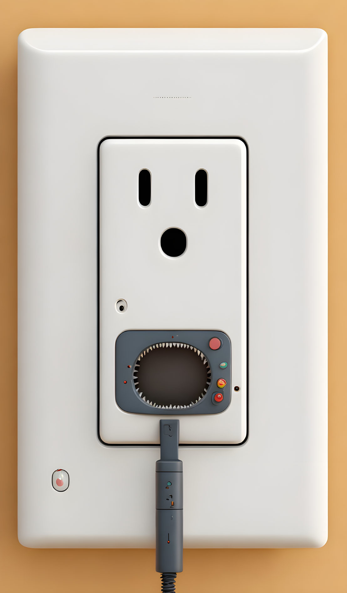 Wall Outlet with Face Design, Timer Dial, and Inserted Plug on Beige Background