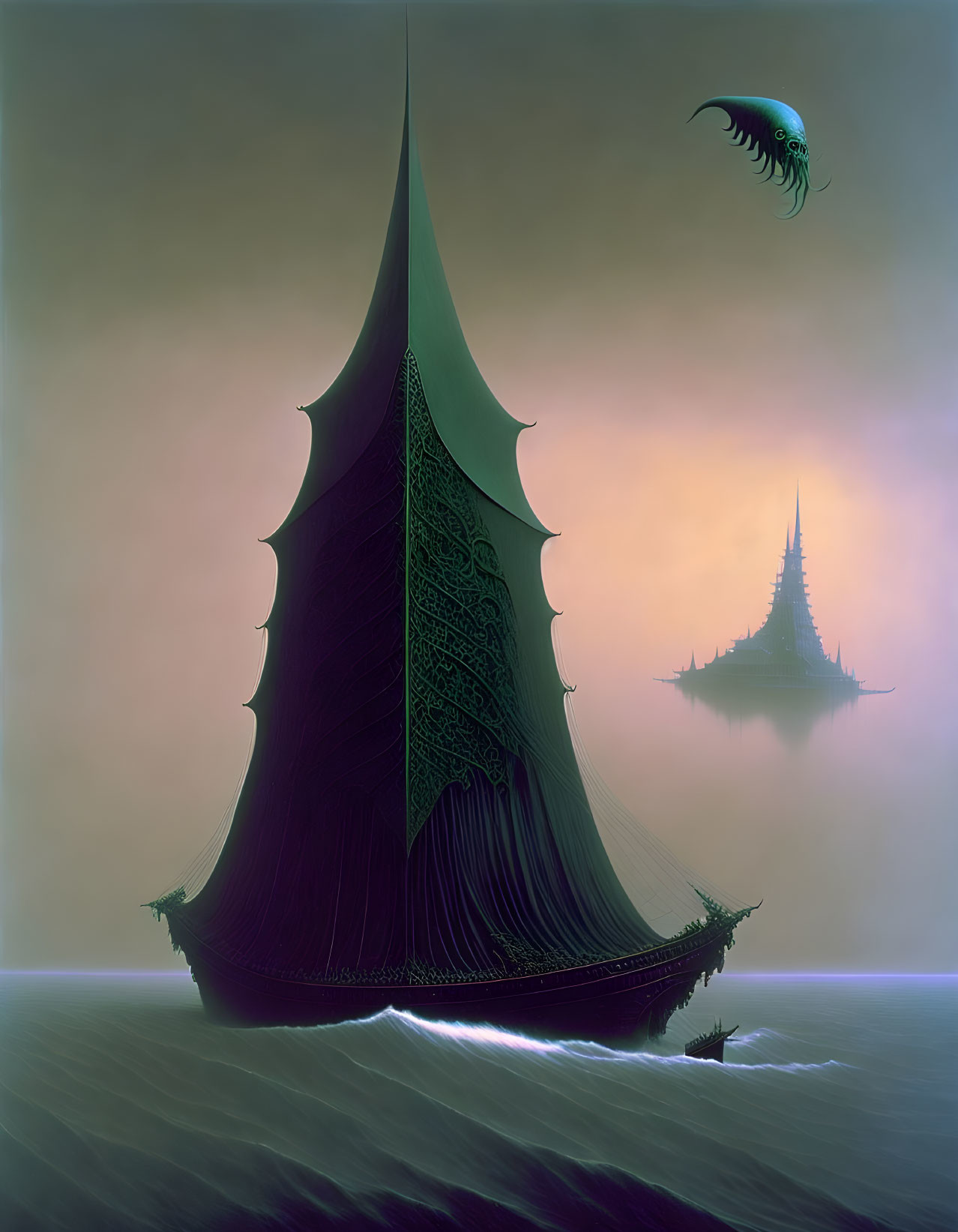 Dark, towering ship with high sail on misty waters, accompanied by a phantom-like creature.