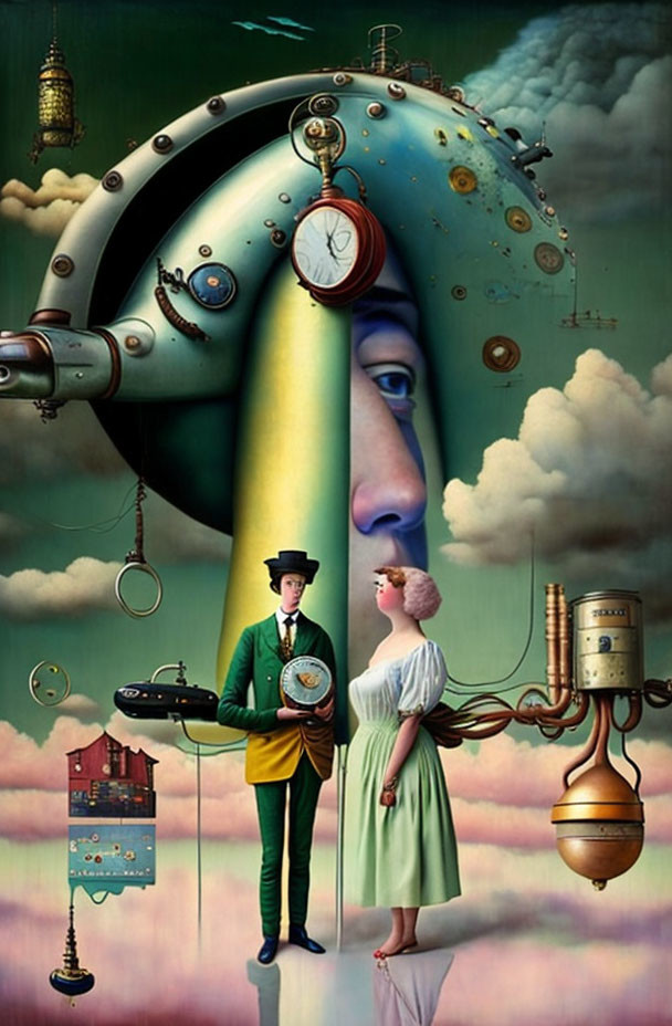 Surreal Artwork with Face Structure, Clocks, Figures, and Floating House