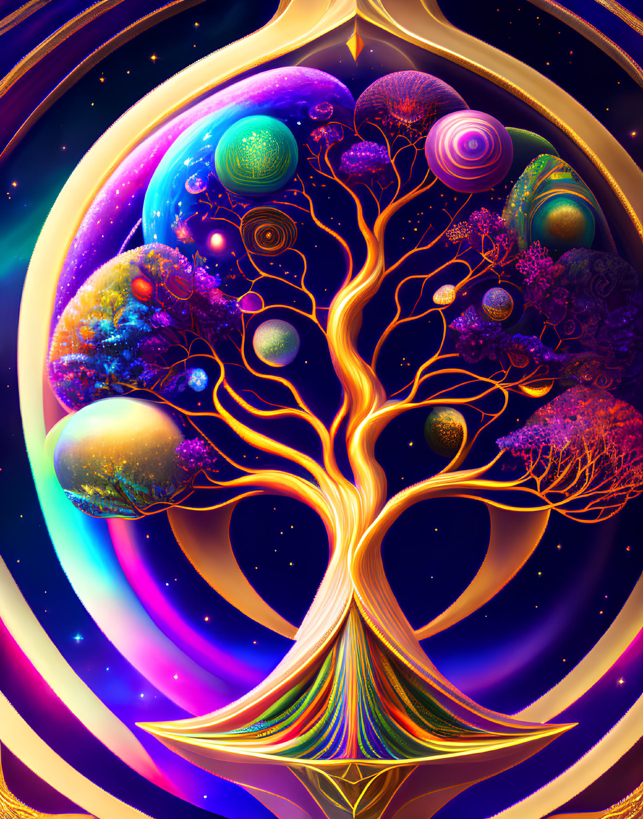 Cosmic tree with planets and celestial bodies in golden frame