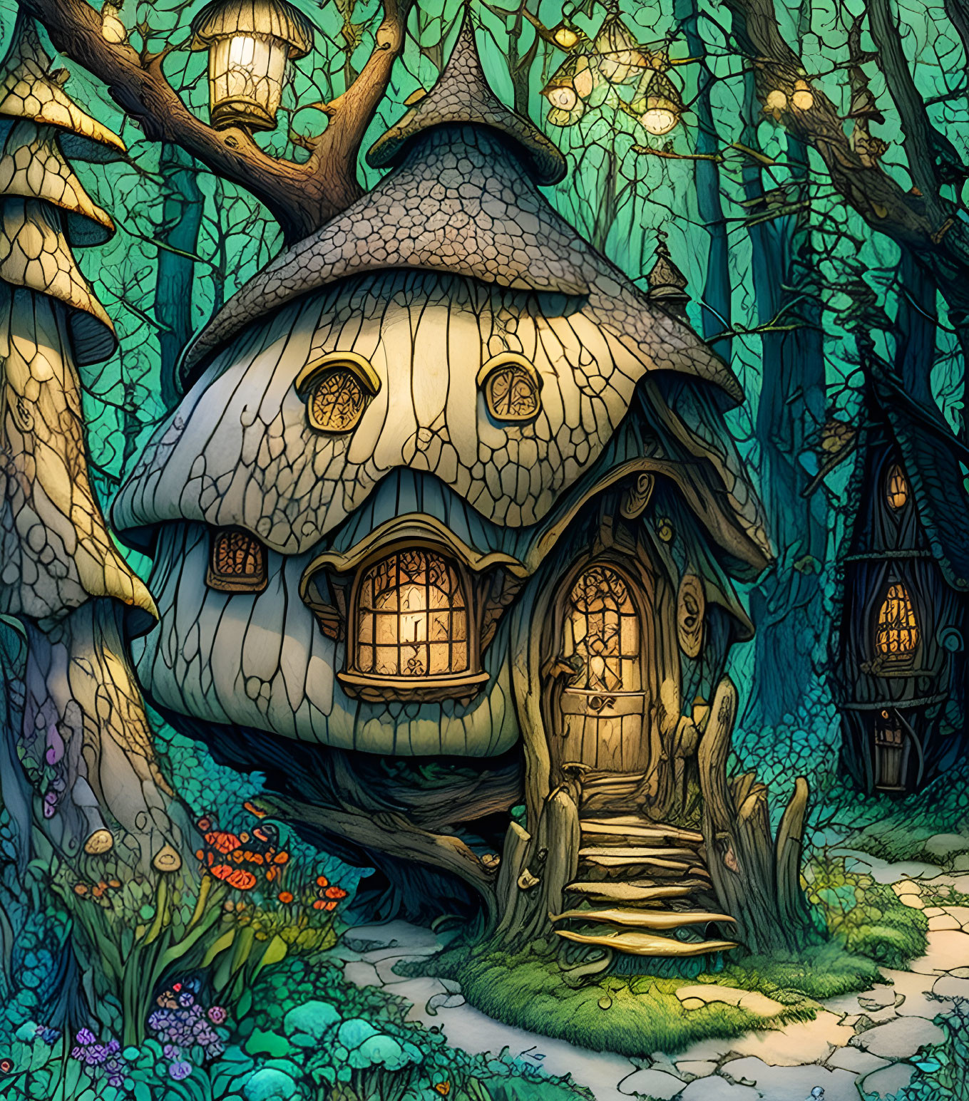 Whimsical mushroom house in eerie forest setting