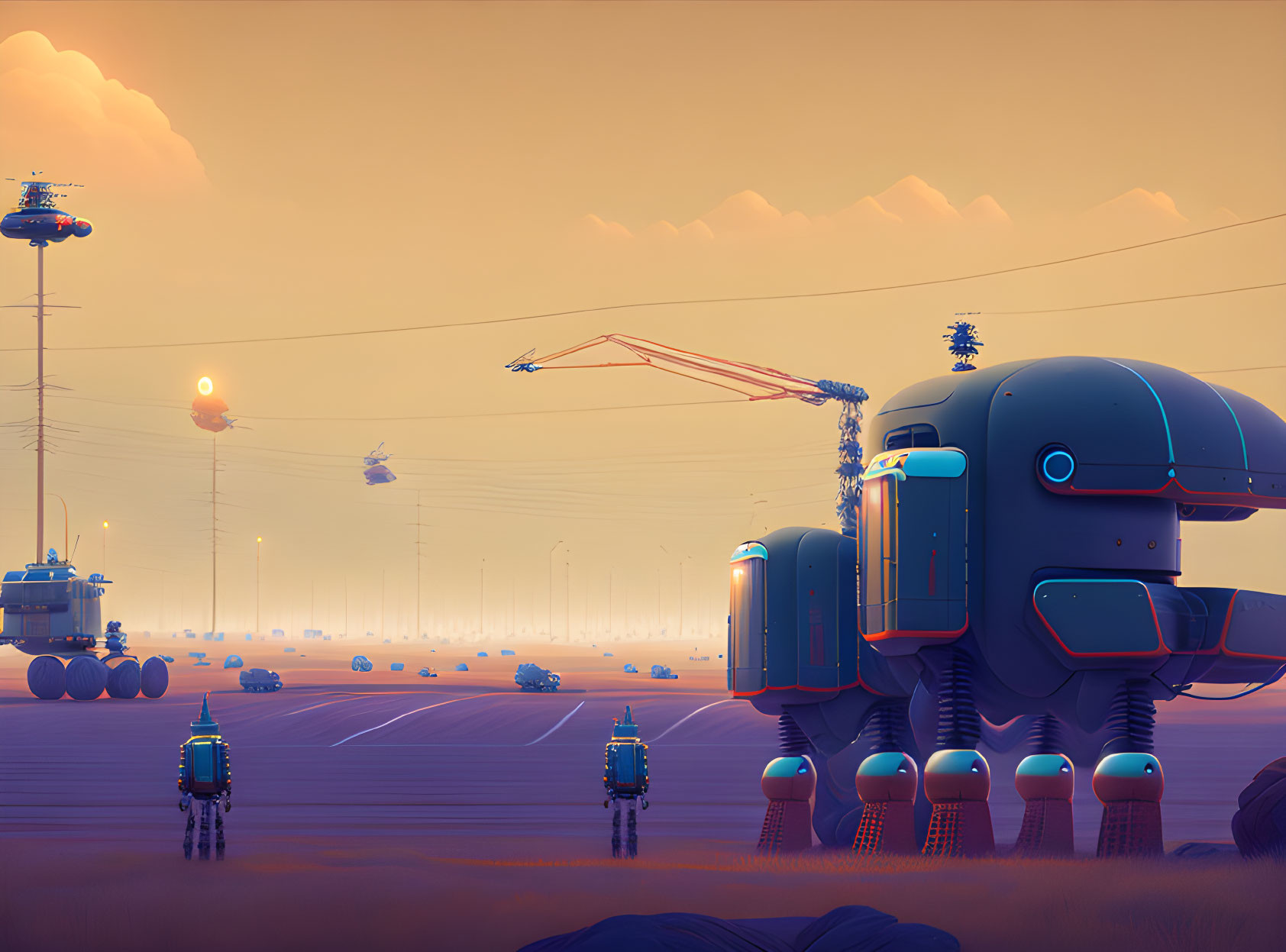 Futuristic desert landscape with blue elephant-like robots under an orange sky