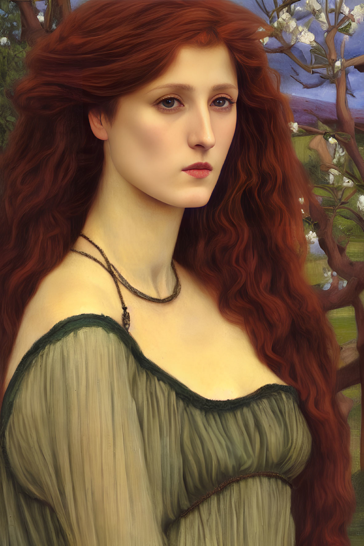 Portrait of woman with red hair in green dress against tree backdrop