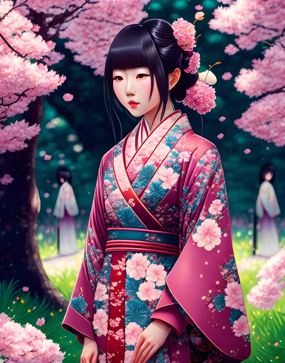 Colorful Kimono Woman Under Cherry Blossoms with Figures