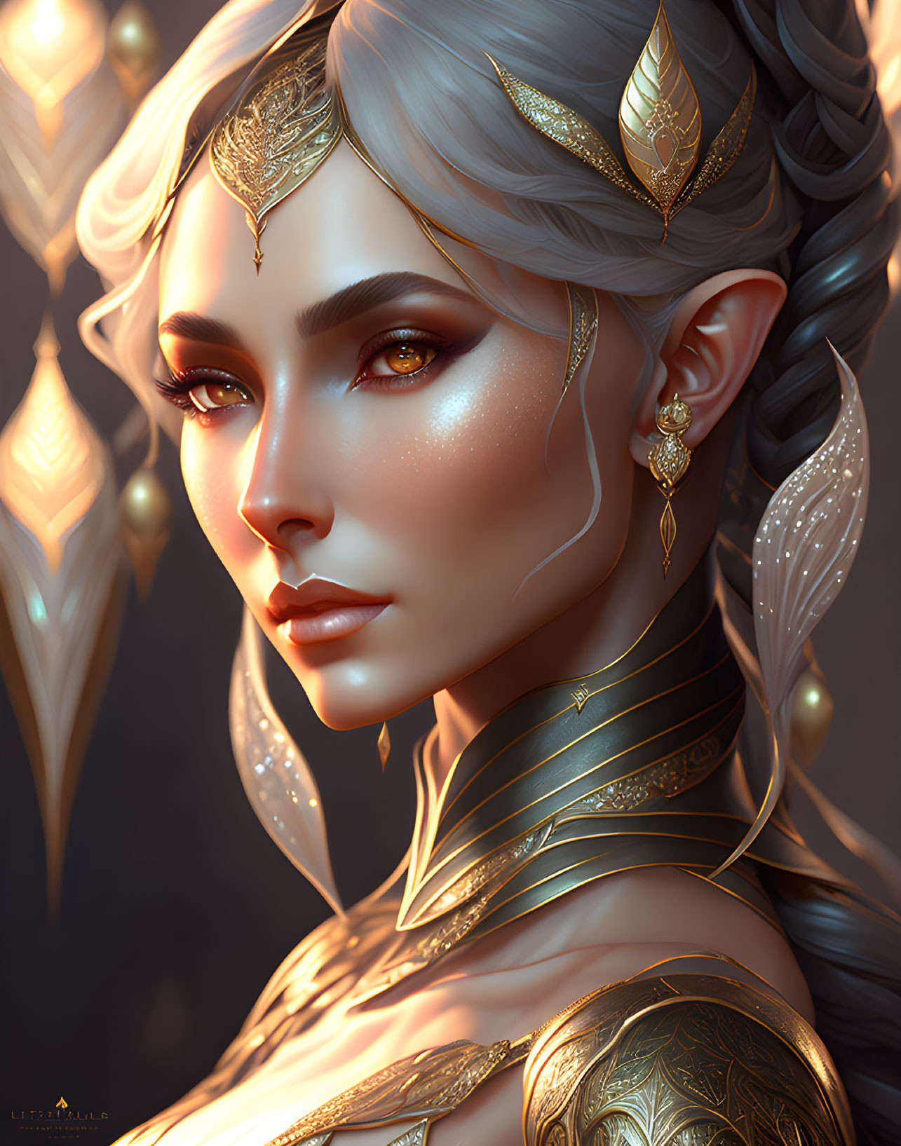 Fantasy female character with golden jewelry and elf-like ears.