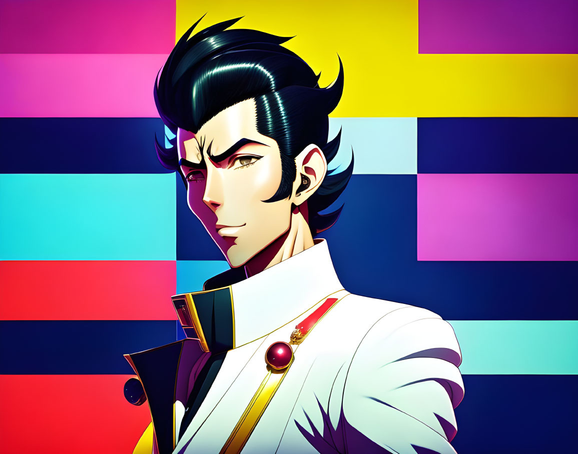 Stylish Male Anime Character with Pompadour Hairstyle in White Uniform