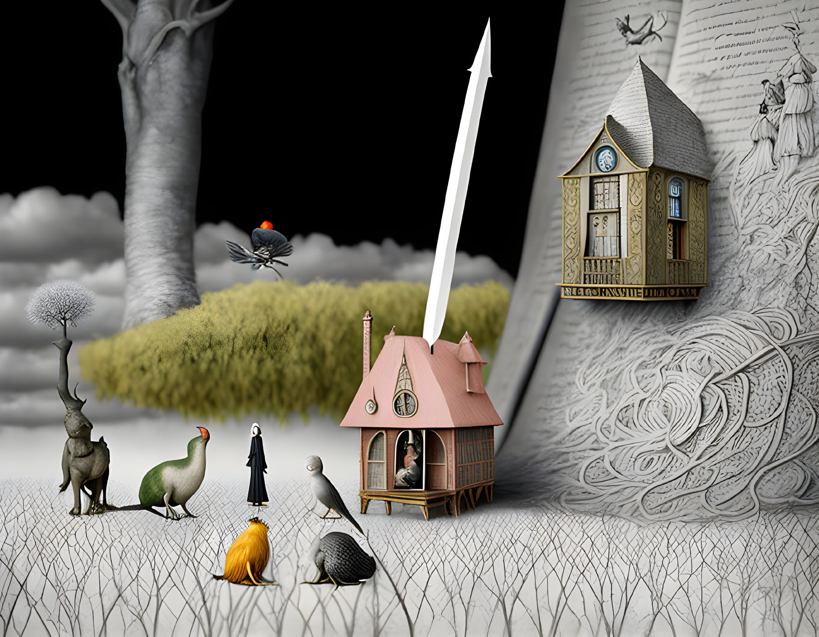 Surreal landscape with storybook houses and fantastical creatures