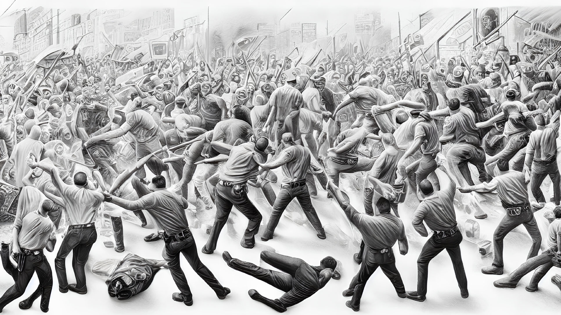 Chaotic monochromatic brawl scene in urban setting