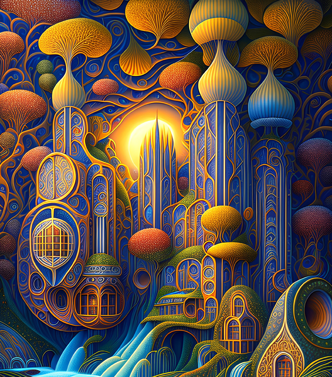 Fantastical Mushroom-Like Cityscape at Dusk