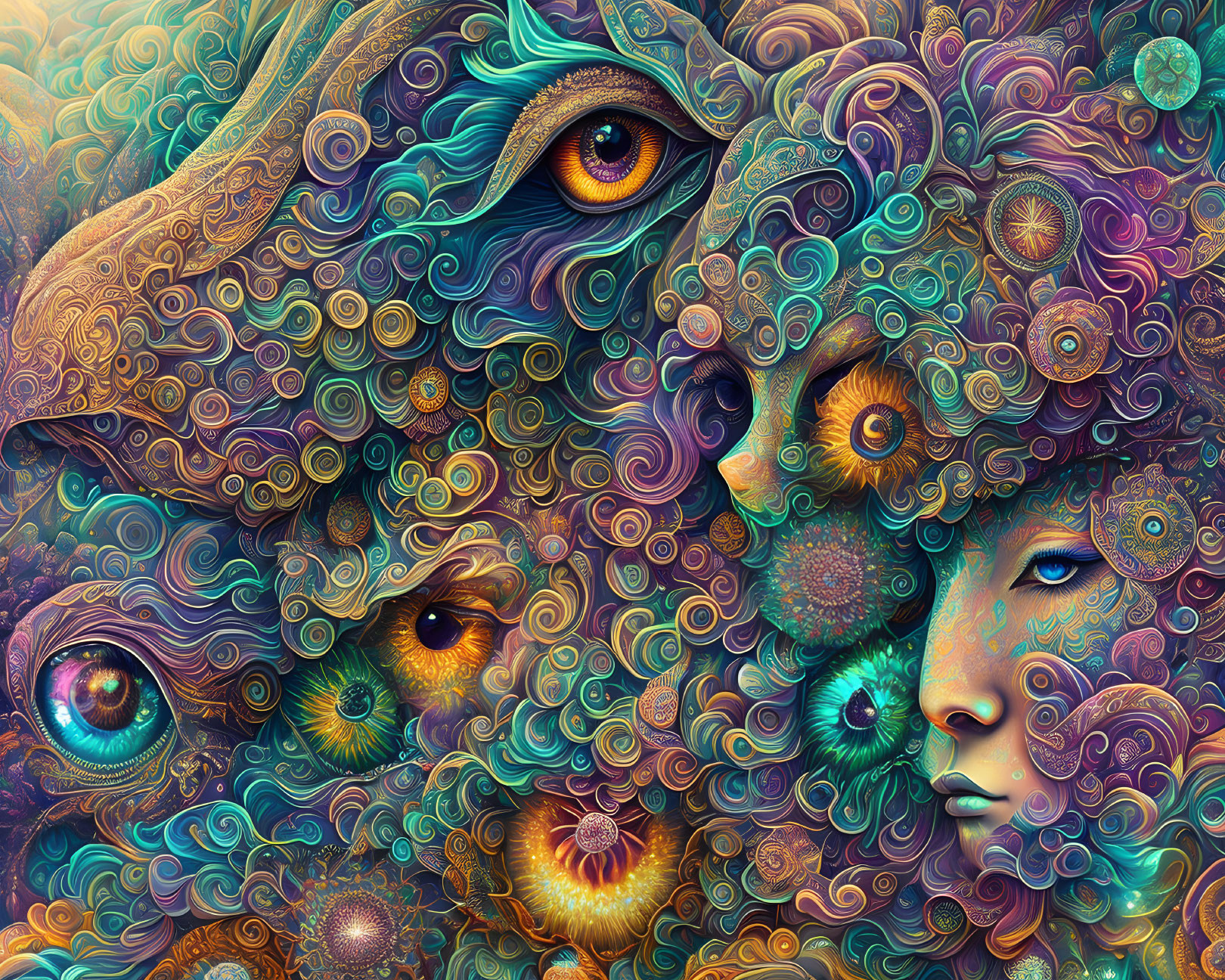 Colorful psychedelic artwork with intricate patterns of eyes, humans, and animals