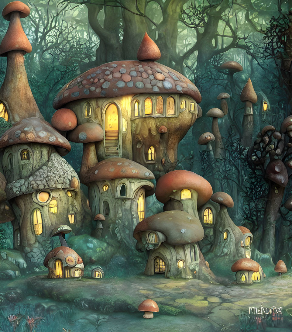 Enchanting Forest Scene with Whimsical Mushroom Houses