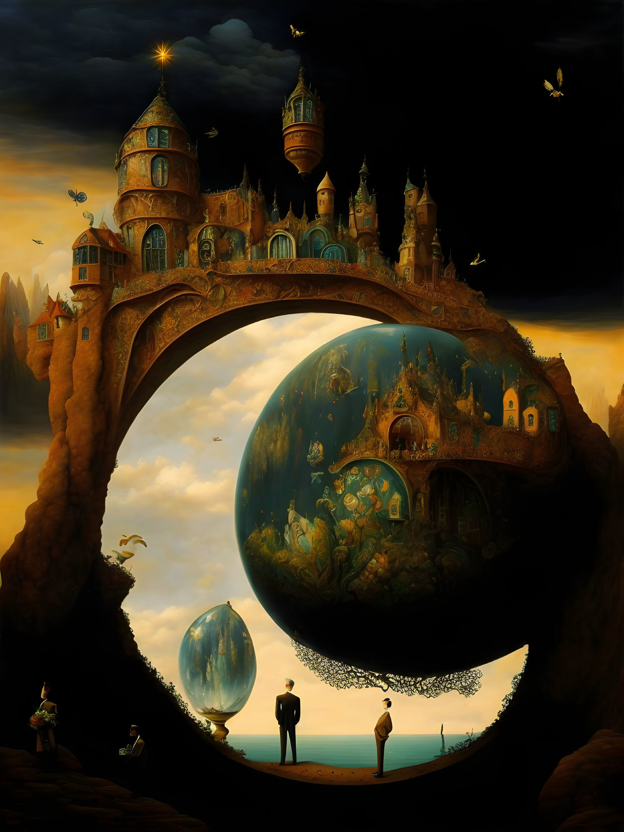 Ethereal fantasy landscape with grand castle, crystal ball, and submerged world