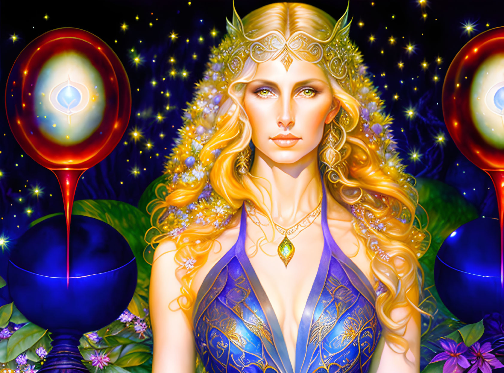 Mystical woman with golden hair, tiara, glowing orbs, stars, and vibrant flowers.