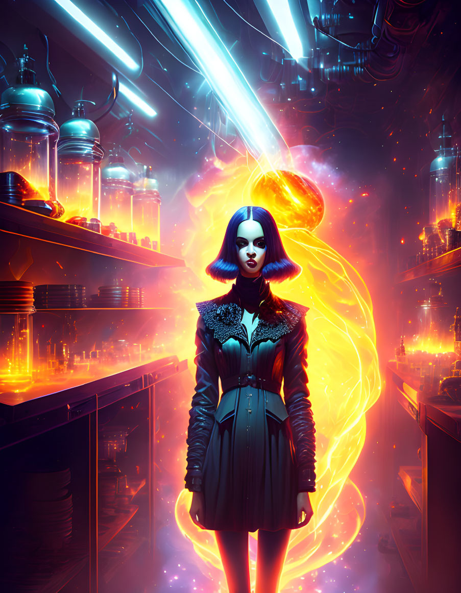 Futuristic female figure in neon-lit corridor with glowing jars and orange energy vortex