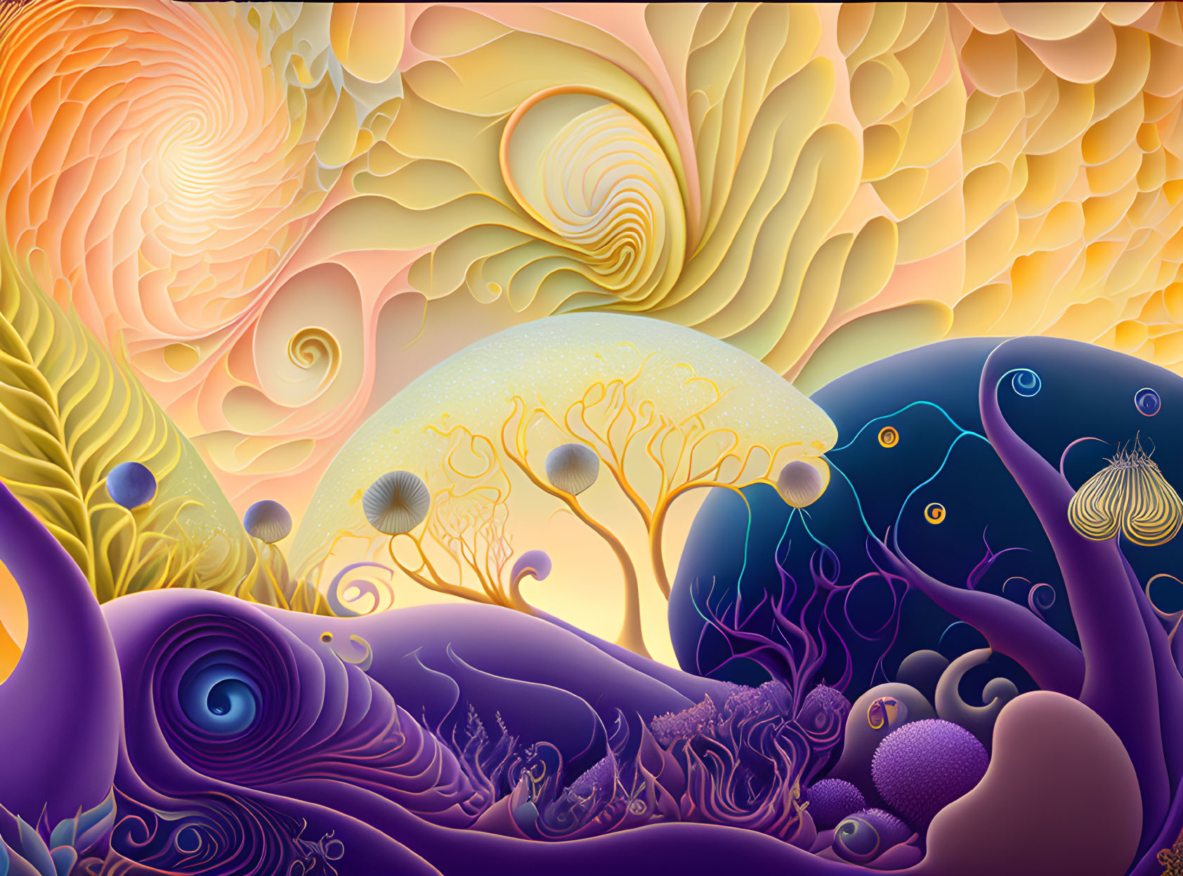 Colorful surreal landscape with swirling patterns and fantastical shapes