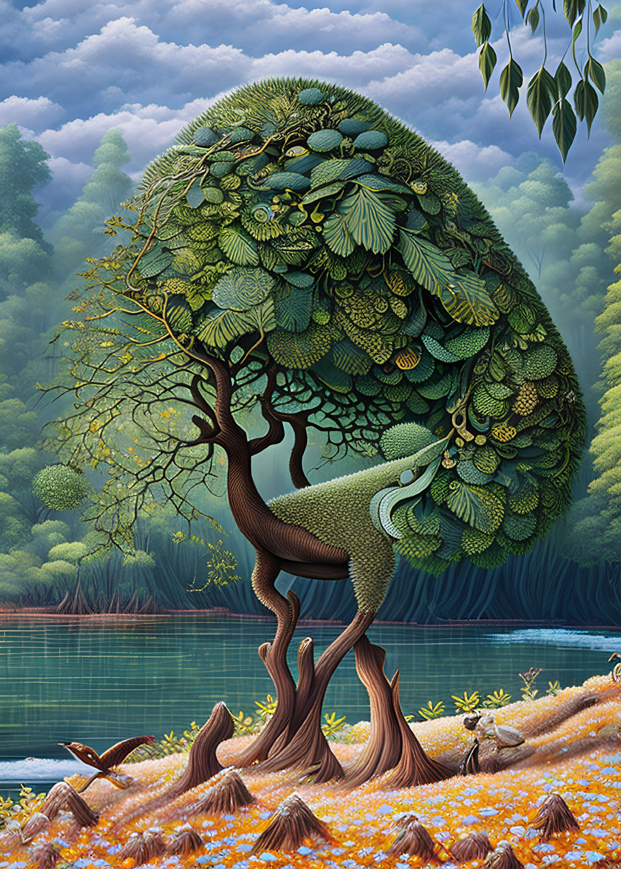 Surreal peacock-shaped tree illustration by tranquil lake