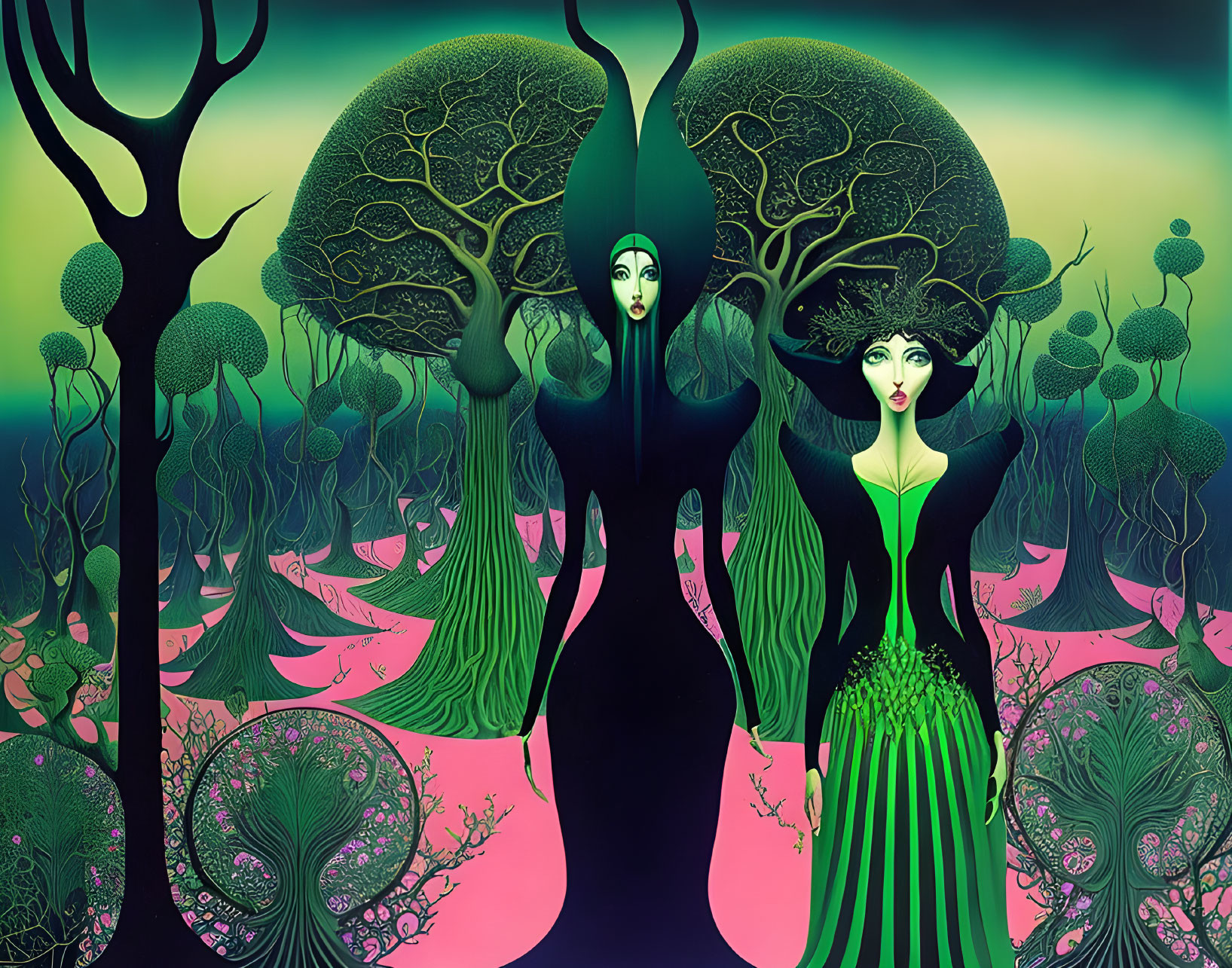 Surreal Artwork: Stylized female figures with tree-like hair in vibrant forest scene