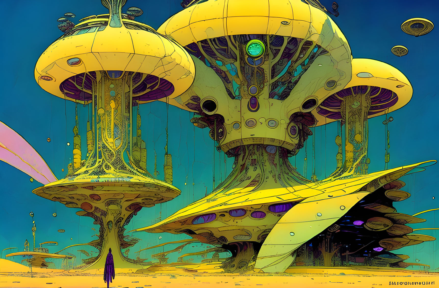 Futuristic cityscape with towering mushroom-like structures