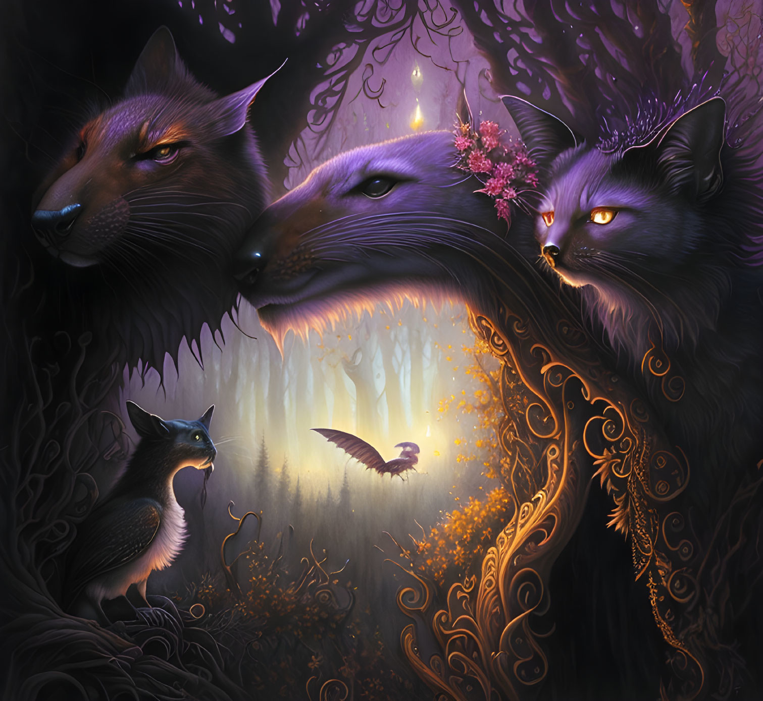 Enchanted forest with luminous-eyed animals and glowing bird