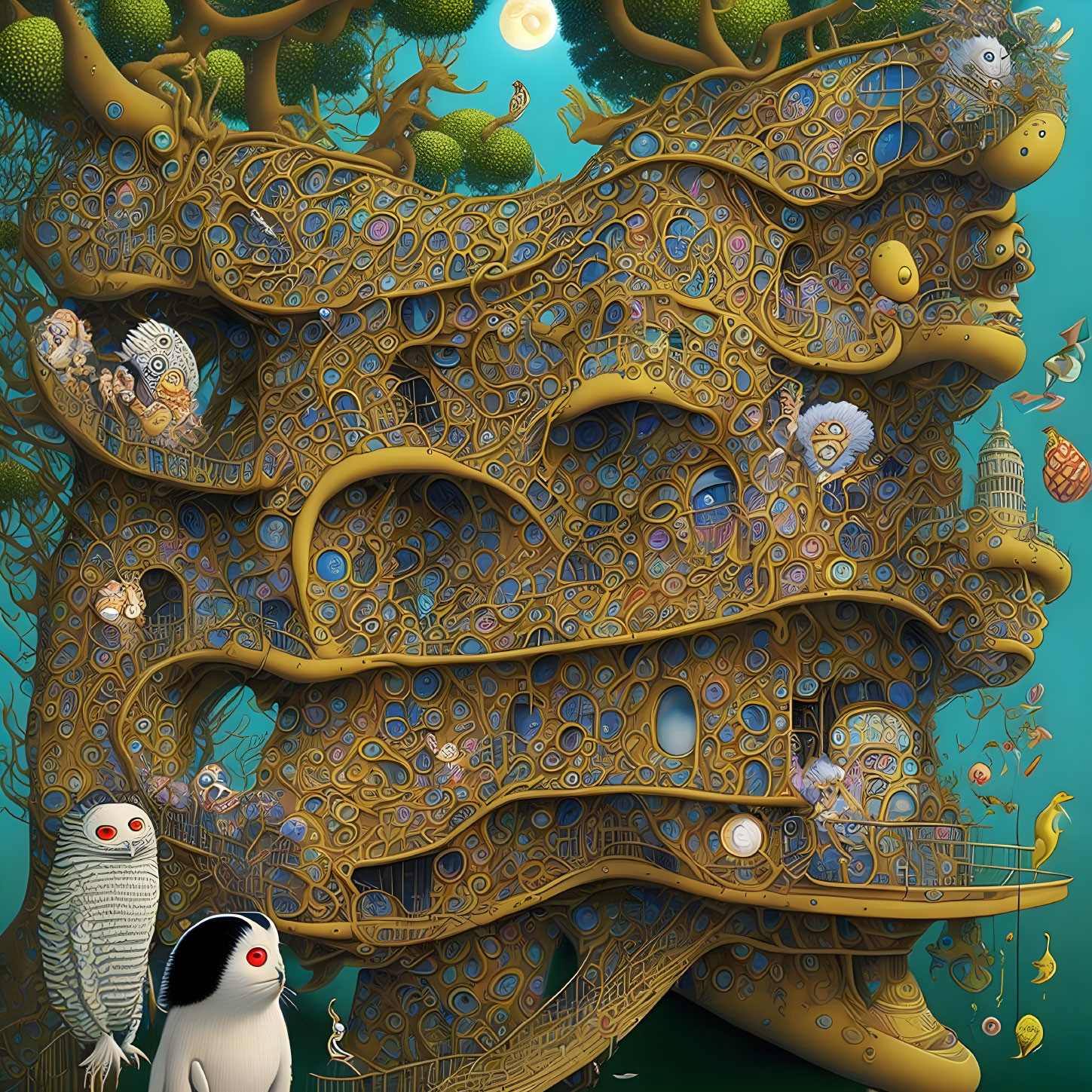 Intricate Tree Artwork with Surreal Eyes and Anthropomorphic Creatures