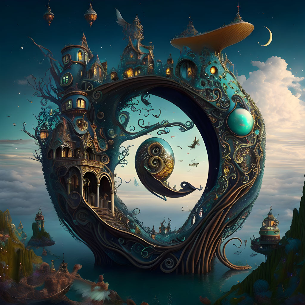 Fantasy landscape with spiraling tree circle, towers, staircases, glowing orbs, starry twilight