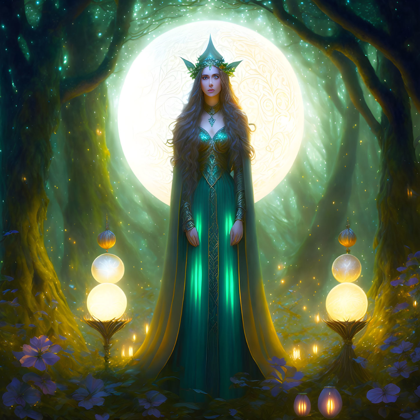 Ethereal woman in green gown with crown in mystical forest at night