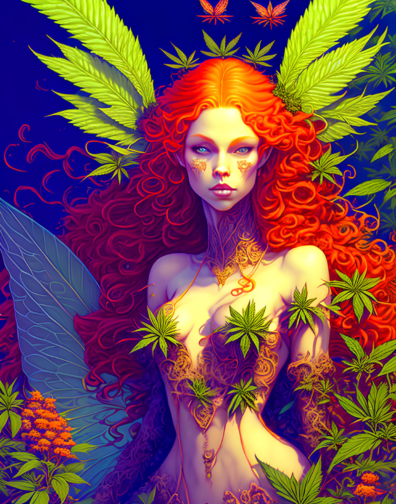 Mythical woman with red hair and cannabis leaves on blue background