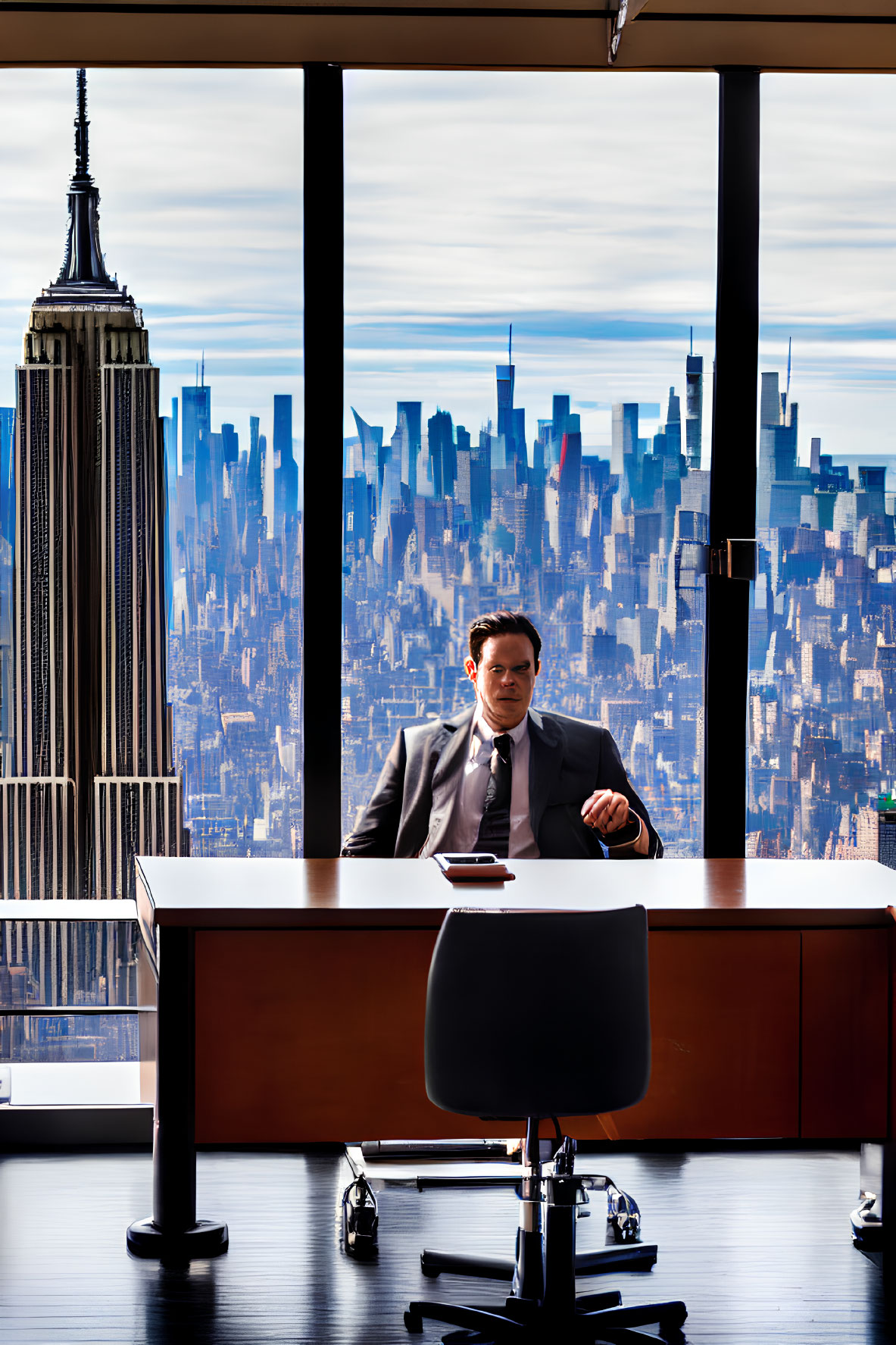 Businessman in suit at conference table with city skyline view.